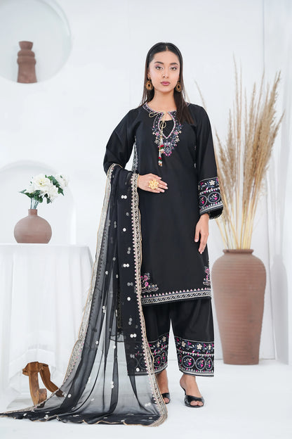 Amna Khuram – BLACK Embroidered 3PC Cotton Lawn Stitched Outfit