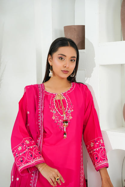 Amna Khuram – PINK Embroidered 3PC Cotton Lawn Stitched Outfit