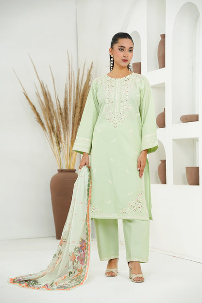 Amna Khuram – MINT Cut Dana Emb Neck 3PC Cotton Lawn Stitched Suit