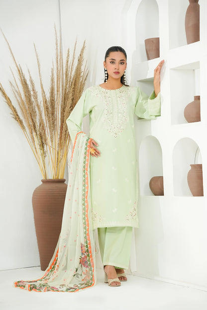 Amna Khuram – MINT Cut Dana Emb Neck 3PC Cotton Lawn Stitched Suit