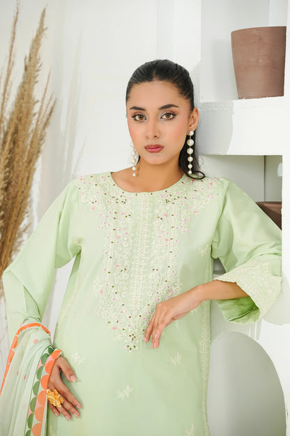 Amna Khuram – MINT Cut Dana Emb Neck 3PC Cotton Lawn Stitched Suit