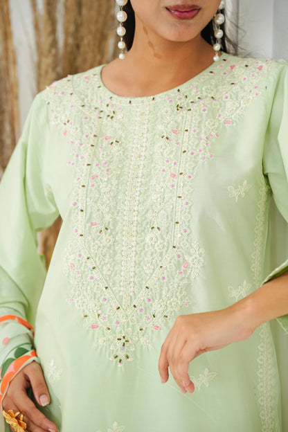 Amna Khuram – MINT Cut Dana Emb Neck 3PC Cotton Lawn Stitched Suit