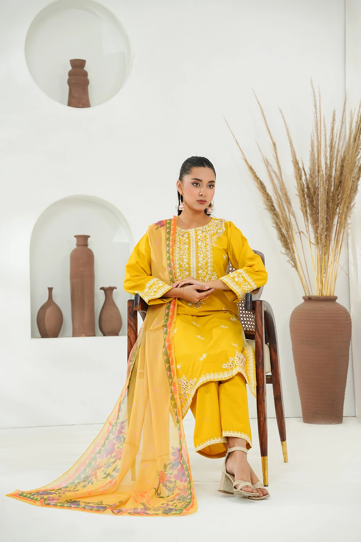 Amna Khuram – YELLOW Cut Dana Emb Neck 3PC Cotton Lawn Stitched Suit