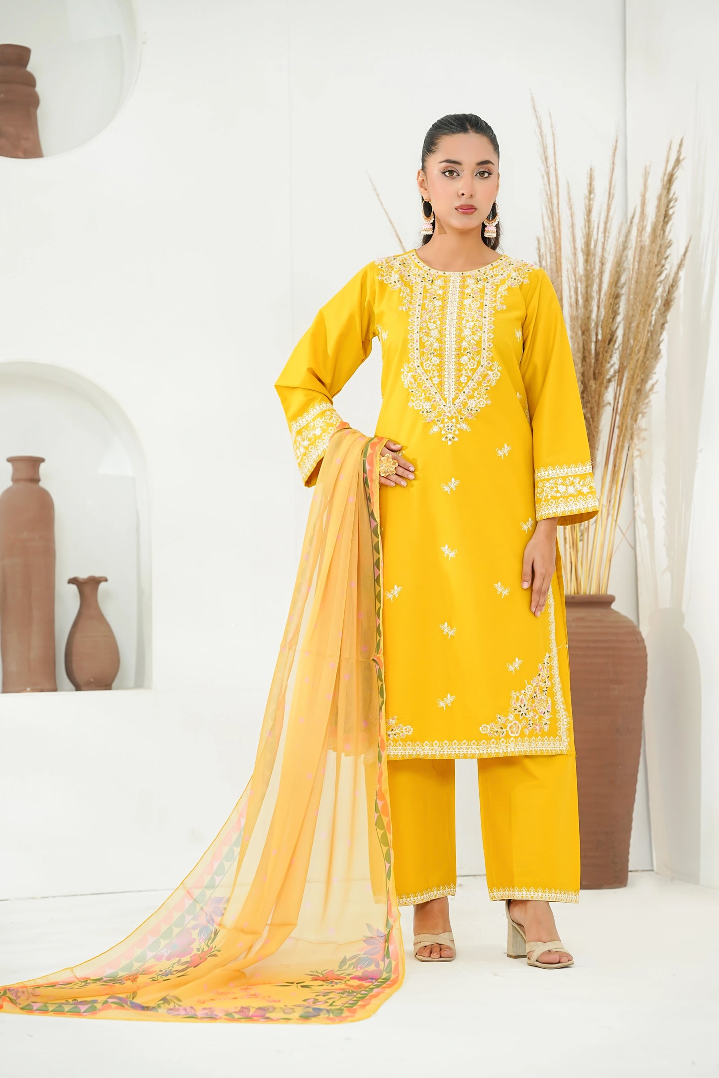 Amna Khuram – YELLOW Cut Dana Emb Neck 3PC Cotton Lawn Stitched Suit