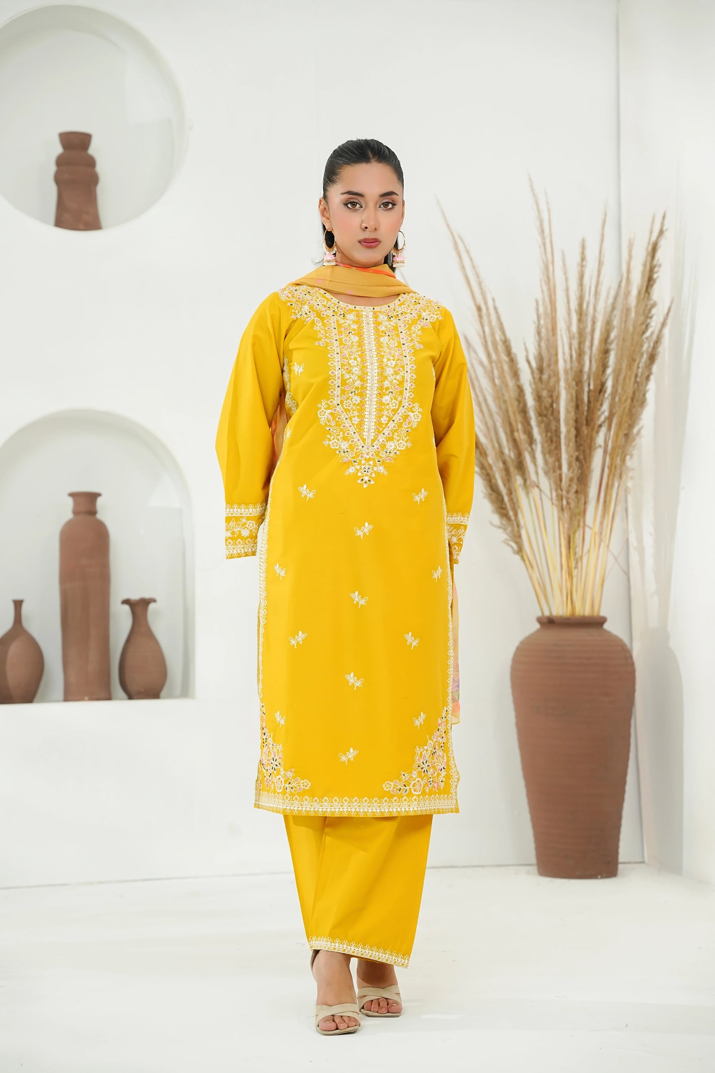 Amna Khuram – YELLOW Cut Dana Emb Neck 3PC Cotton Lawn Stitched Suit