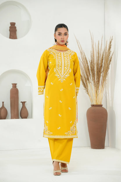 Amna Khuram – YELLOW Cut Dana Emb Neck 3PC Cotton Lawn Stitched Suit