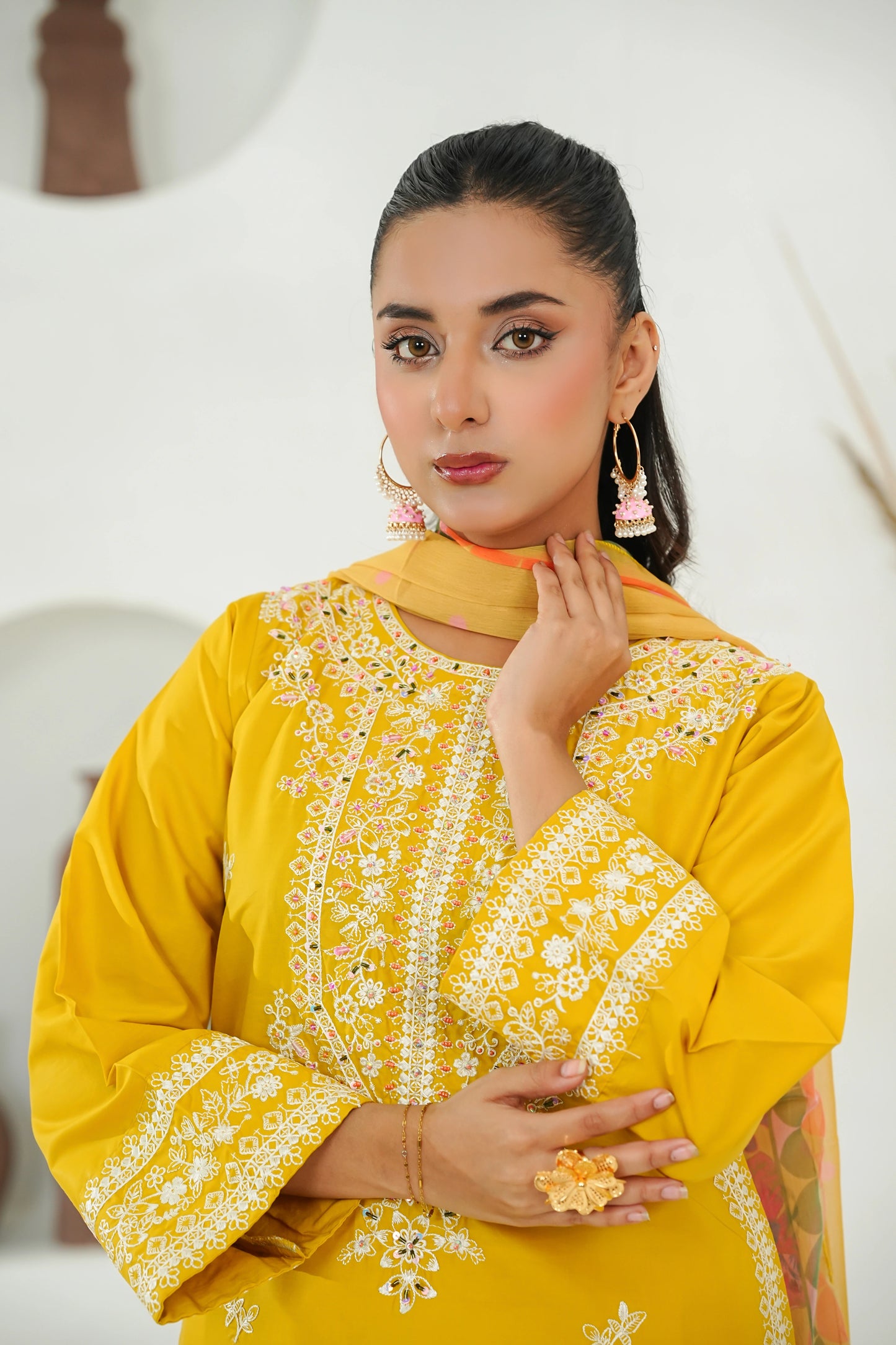 Amna Khuram – YELLOW Cut Dana Emb Neck 3PC Cotton Lawn Stitched Suit