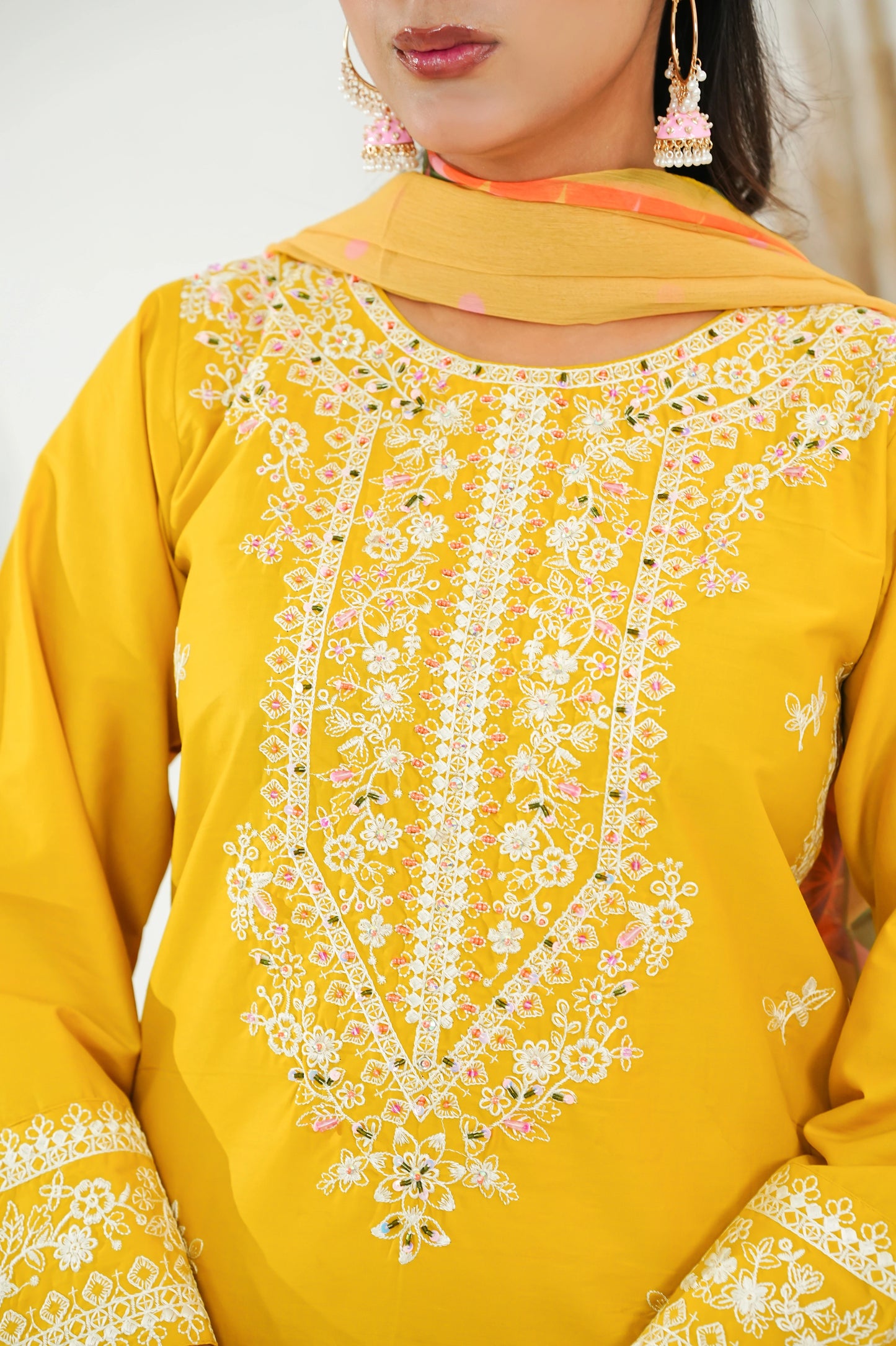 Amna Khuram – YELLOW Cut Dana Emb Neck 3PC Cotton Lawn Stitched Suit