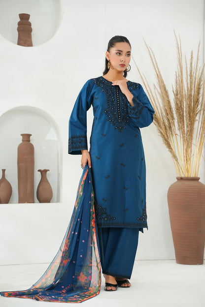 Amna Khuram – BLUE Cut Dana Emb Neck 3PC Cotton Lawn Stitched Suit