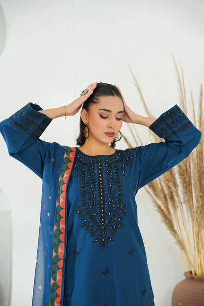 Amna Khuram – BLUE Cut Dana Emb Neck 3PC Cotton Lawn Stitched Suit