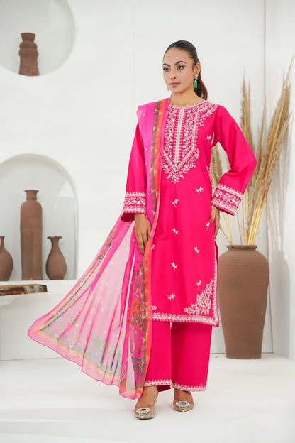 Amna Khuram – D.PINK Cut Dana Emb Neck 3PC Cotton Lawn Stitched Suit