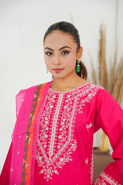 Amna Khuram – D.PINK Cut Dana Emb Neck 3PC Cotton Lawn Stitched Suit