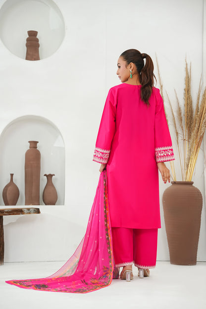 Amna Khuram – D.PINK Cut Dana Emb Neck 3PC Cotton Lawn Stitched Suit