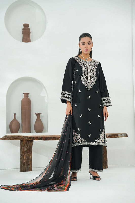 Amna Khuram – BLACK Cut Dana Emb Neck 3PC Cotton Lawn Stitched Suit