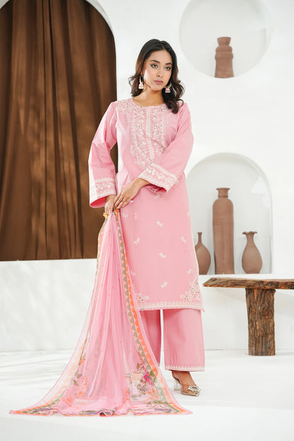 Amna Khuram – PEACH Cut Dana Emb Neck 3PC Cotton Lawn Stitched Suit