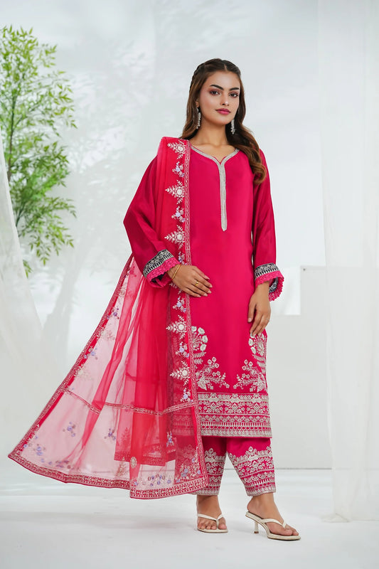 Luxury Cotton Silk Embroidered 3PC Suit with Organza Dupatta