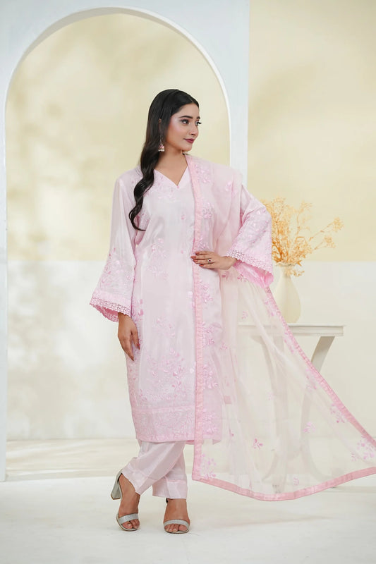 Cotton Silk Embroidered 3PC Suit with Organza Dupatta – Premium Stitched Collection