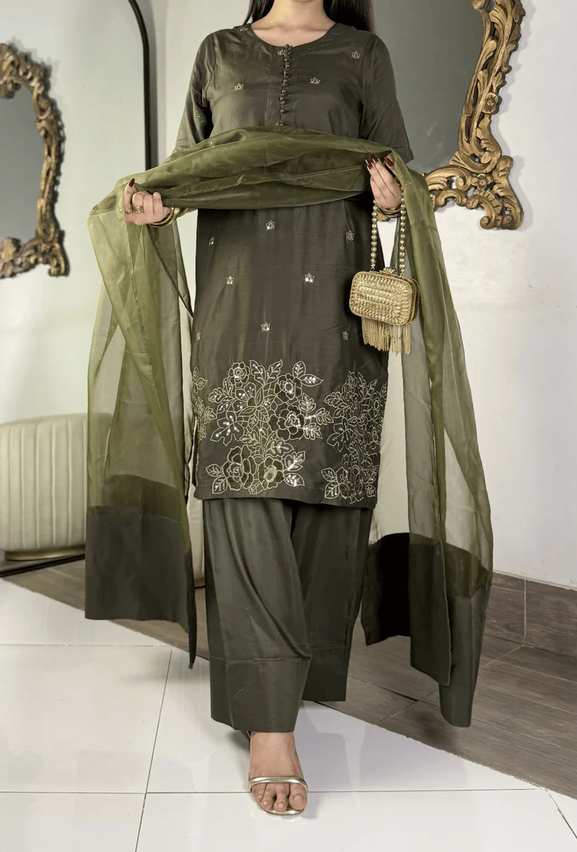 Amna khurram - Olive Green Embroidered Viscose Stitched 3 Piece Suit