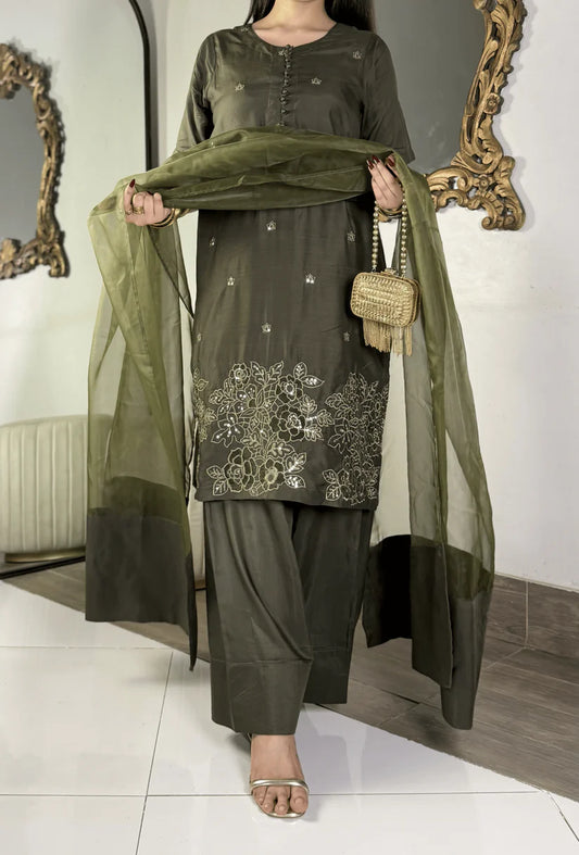 Amna khurram - Olive Green Embroidered Viscose Stitched 3 Piece Suit
