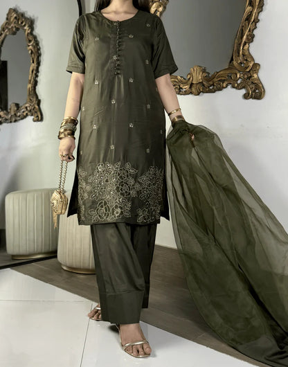 Amna khurram - Olive Green Embroidered Viscose Stitched 3 Piece Suit