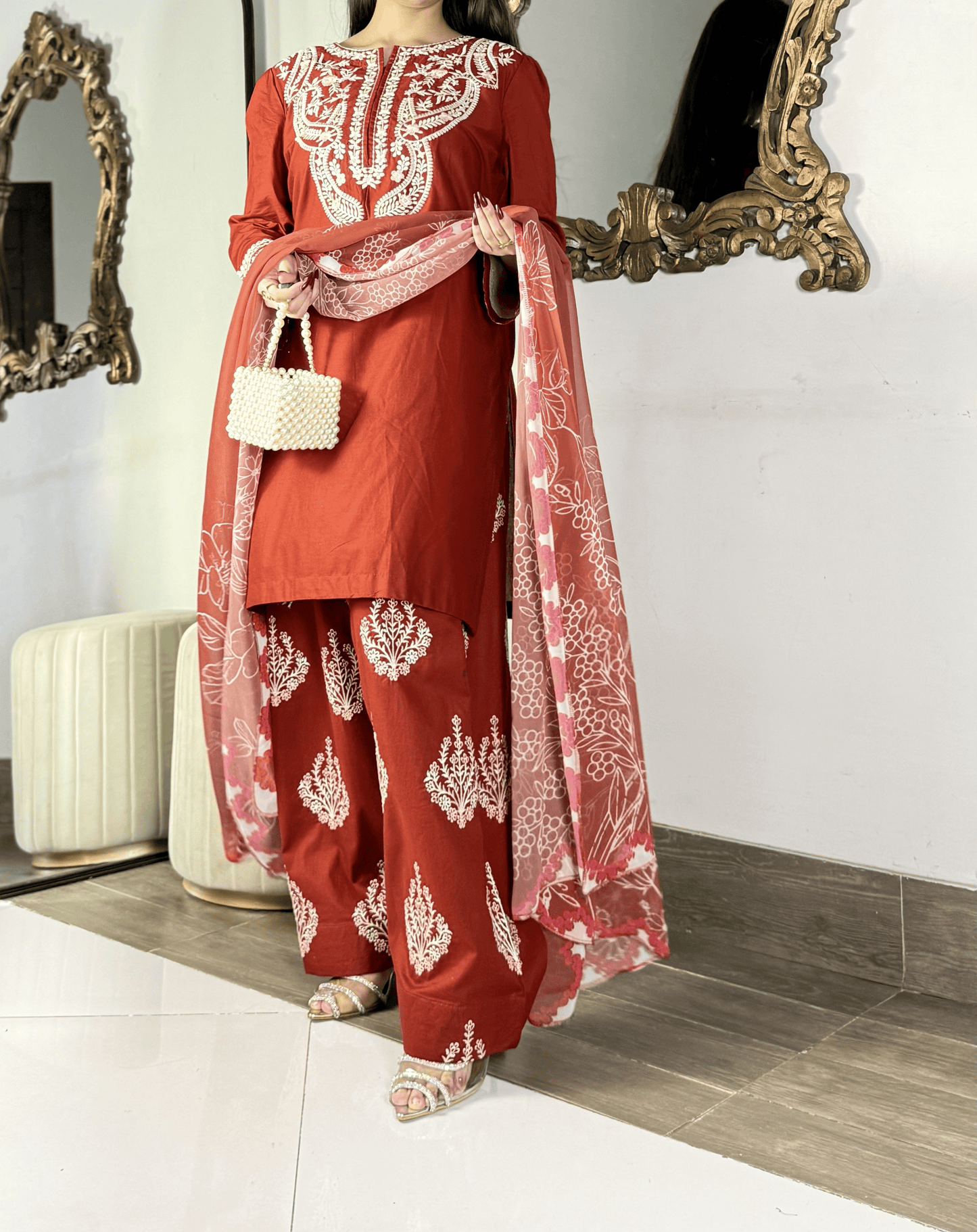 Amna khurram - Rust Red Embroidered Lawn Stitched 3 Piece Suit