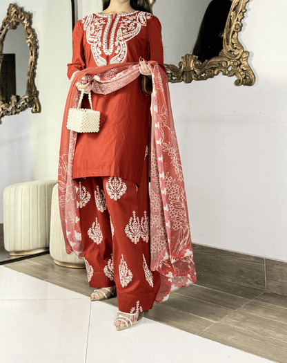 Amna khurram - Rust Red Embroidered Lawn Stitched 3 Piece Suit