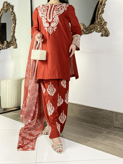 Amna khurram - Rust Red Embroidered Lawn Stitched 3 Piece Suit