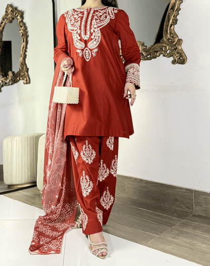 Amna khurram - Rust Red Embroidered Lawn Stitched 3 Piece Suit