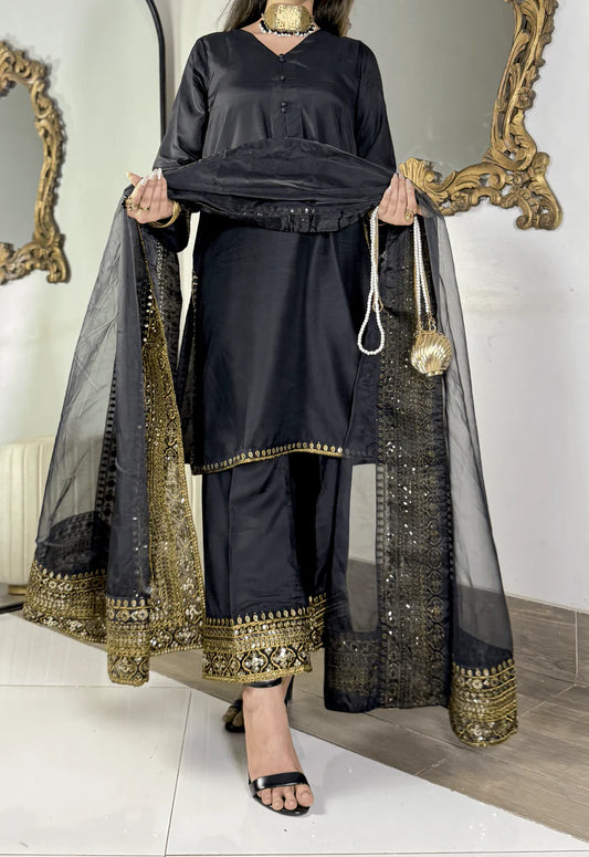 Amna Khurram - Midnight Elegance Black Embroidered Viscose Stitched 3 Piece Suit