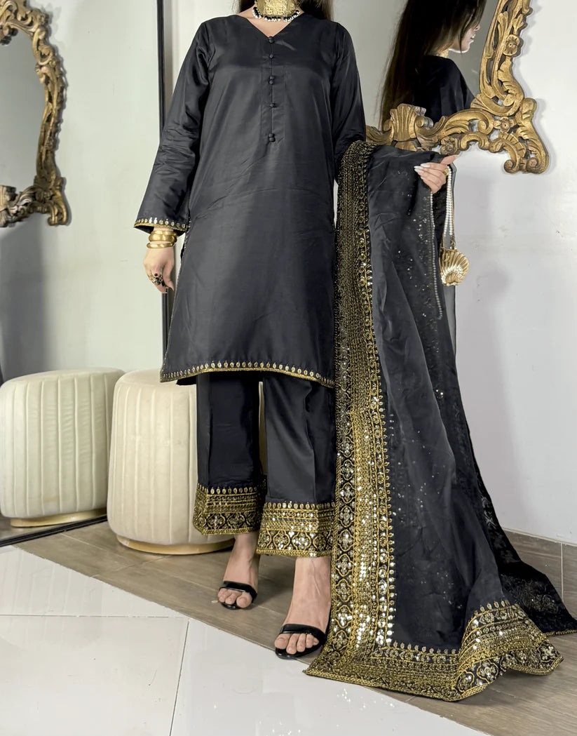 Amna Khurram - Midnight Elegance Black Embroidered Viscose Stitched 3 Piece Suit
