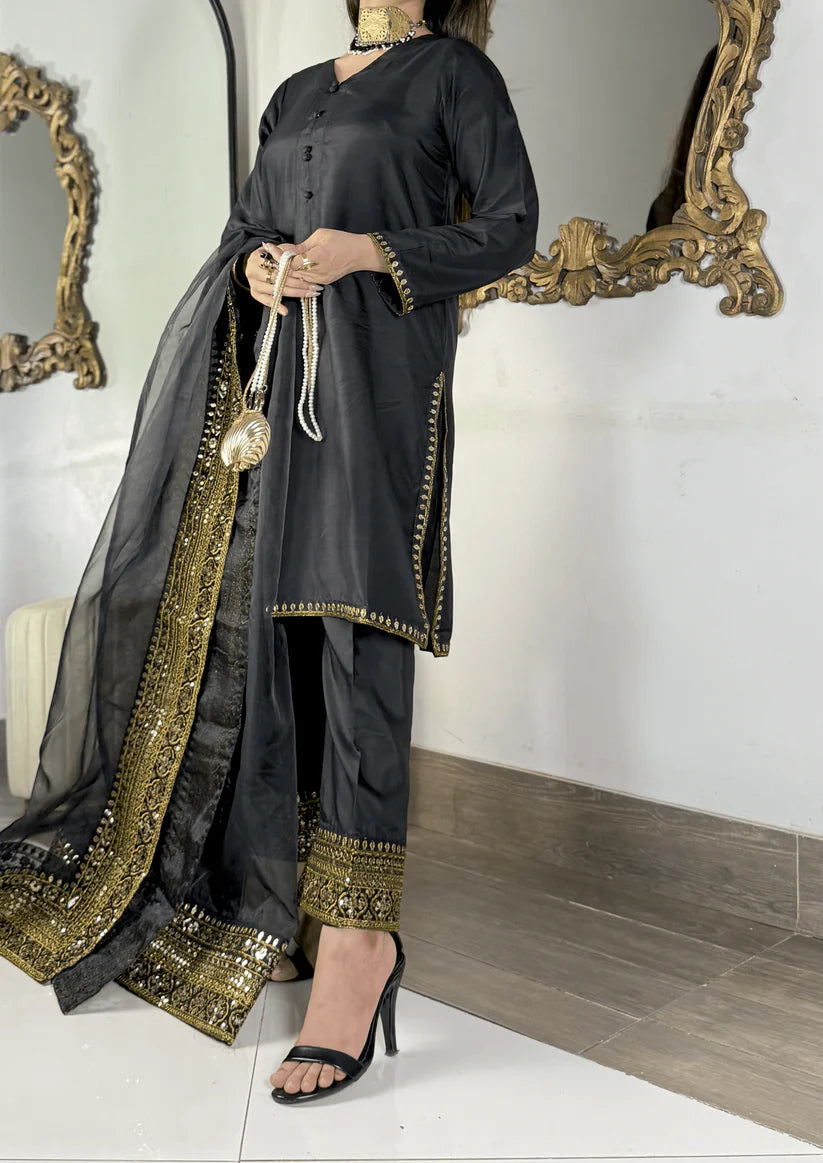 Amna Khurram - Midnight Elegance Black Embroidered Viscose Stitched 3 Piece Suit