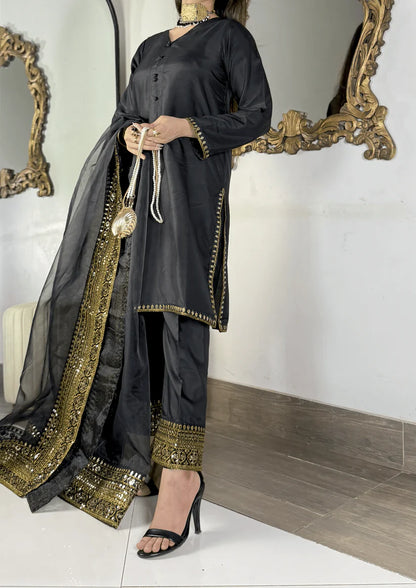 Amna Khurram - Midnight Elegance Black Embroidered Viscose Stitched 3 Piece Suit