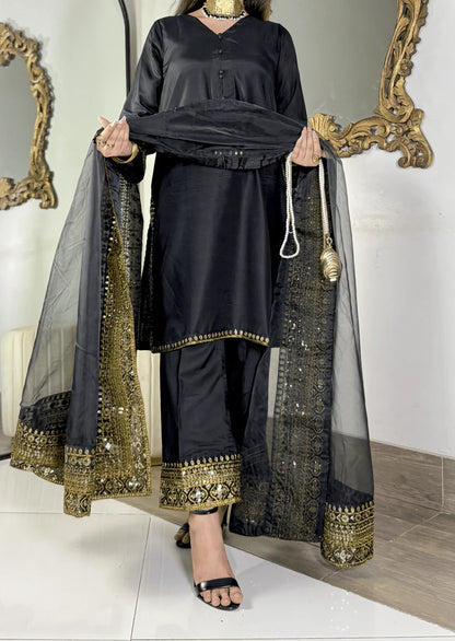 Amna Khurram - Midnight Elegance Black Embroidered Viscose Stitched 3 Piece Suit