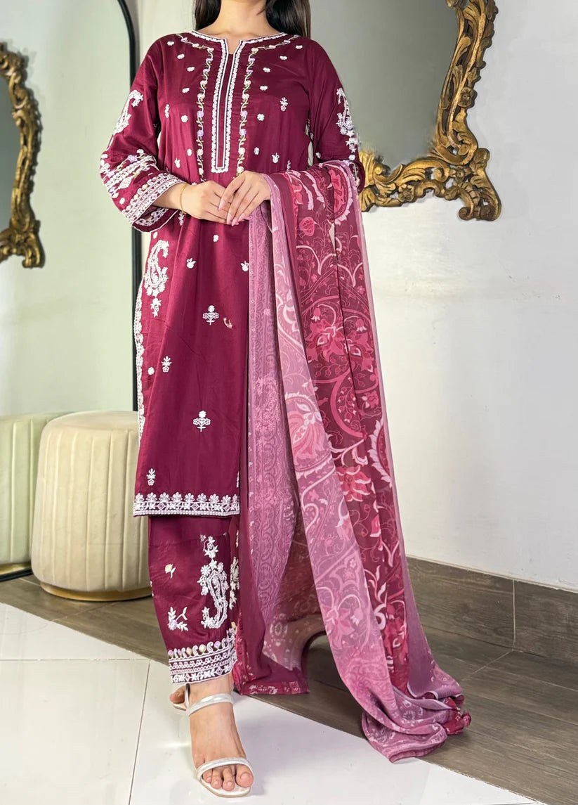 Amna khurram - Maroon Embroidered Stitched 3 Piece Suit
