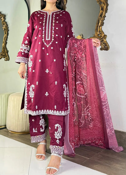 Amna khurram - Maroon Embroidered Stitched 3 Piece Suit