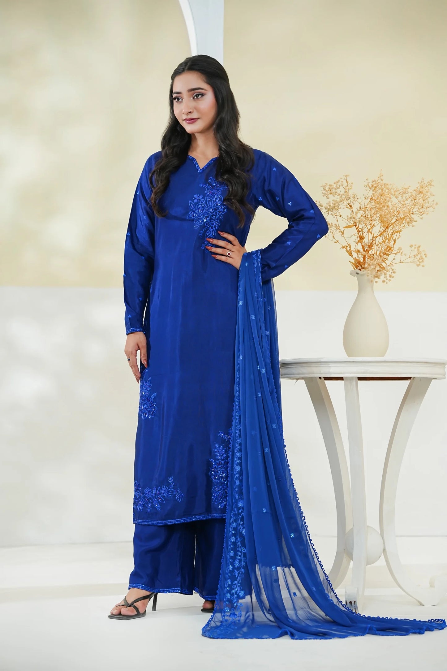 Cotton Silk Embroidered 3PC Suit – Elegant Long Shirt Design