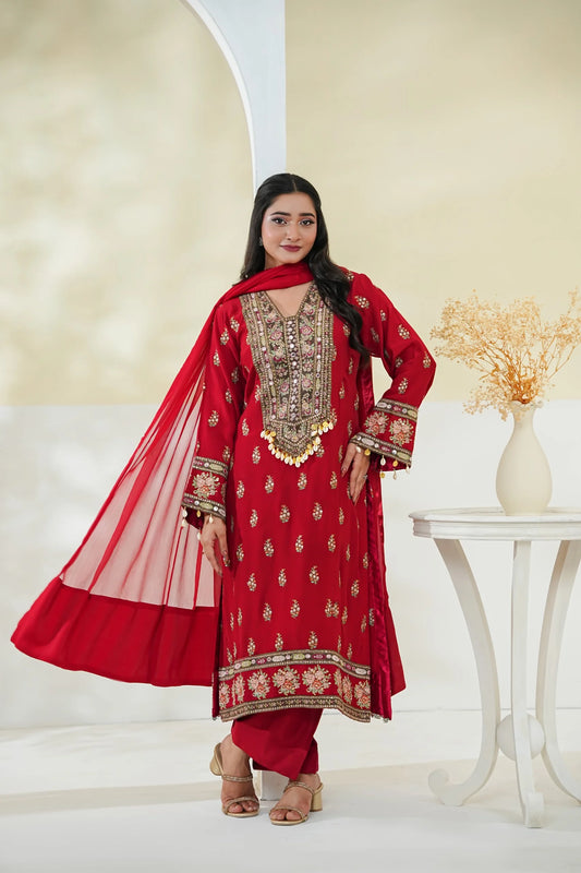 Cotton Silk Embroidered 3PC Suit with Chiffon Dupatta