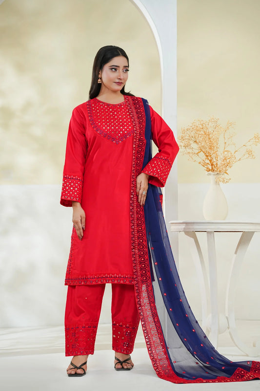 Silk Embroidered 3PC Suit – Red Elegance