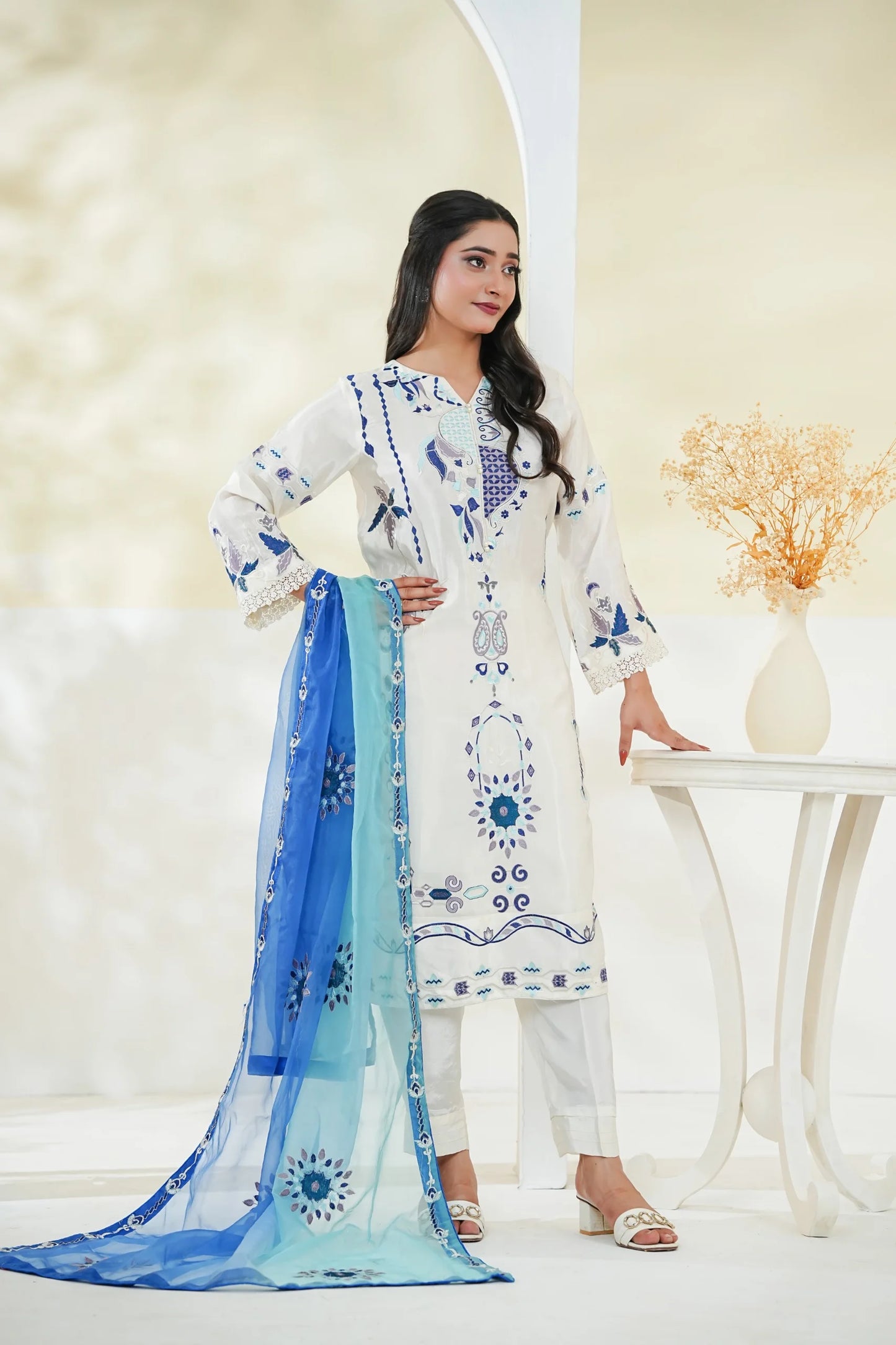 Premium Cotton Silk Embroidered 3PC Suit – Double Shaded Organza Dupatta